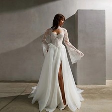 Luxury Sweetheart Wedding Dress Long Sleeves High Slit Lace Applique Bridal Gown