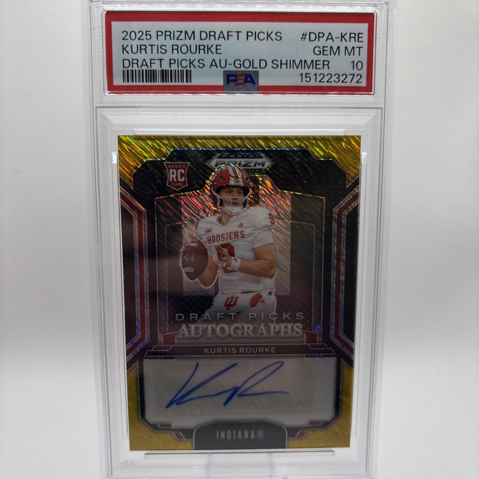 KURTIS ROURKE RC 2025 PRIZM DRAFT GOLD SHIMMER ROOKIE AUTO # 6/15 PSA 10