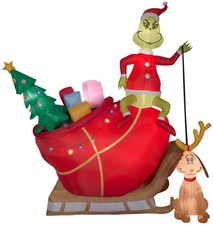 Gemmy Christmas Airblown Inflatable Grinch And Max In Sleigh Colossal Scene Dr.