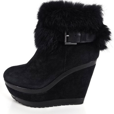 ATEMBERAUBENDE DAMEN ASH RABBIT LEDER VELOURSLEDER PLATEAU KEILABSATZ STIEFELETTE SCHWARZ 3 36