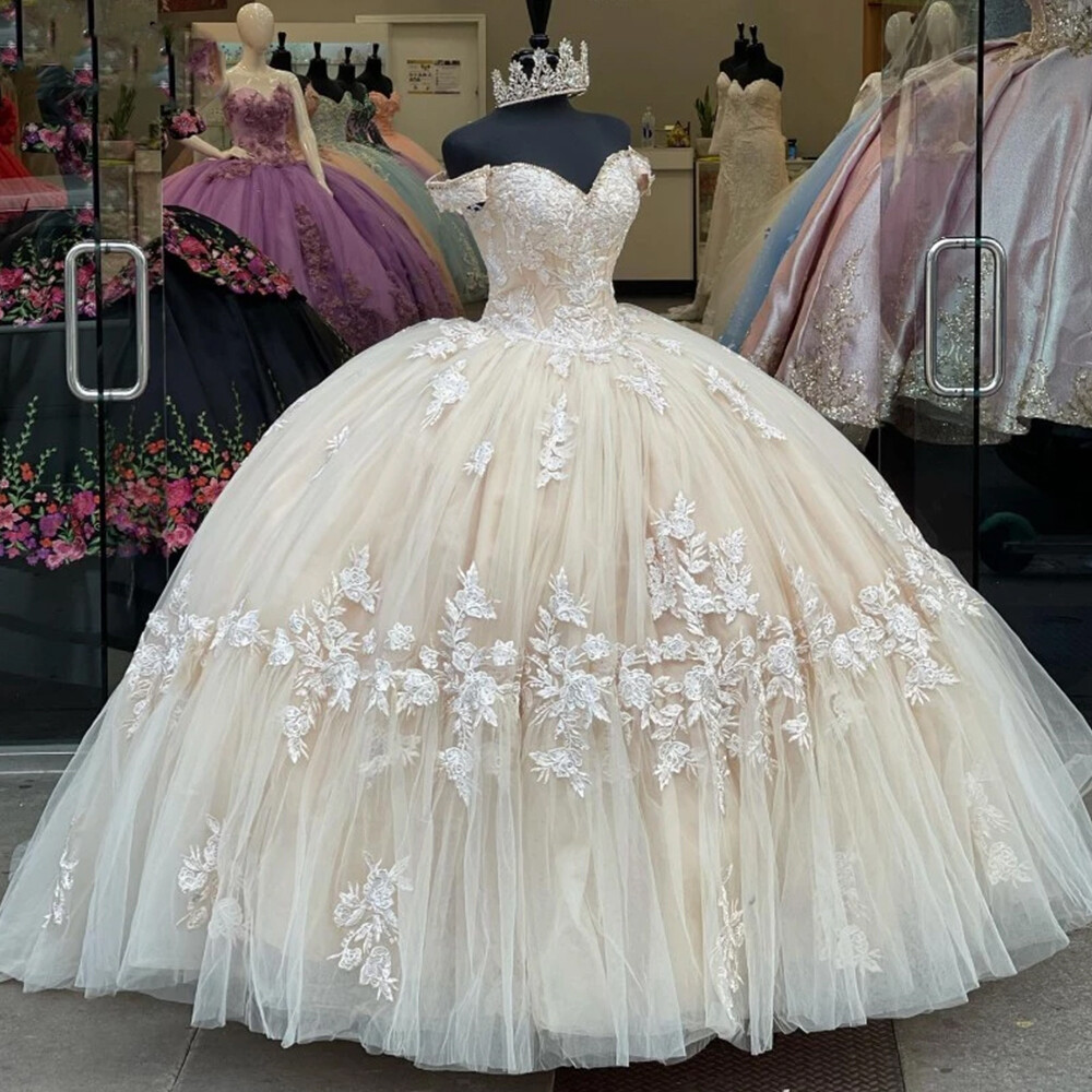 Champagne Quinceanera Dresses Lace Appliques Ball Gown Off The Shoulder