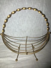 Vintage Mid Century Modern Brass Decorative Basket Braided Handle Ball Feet
