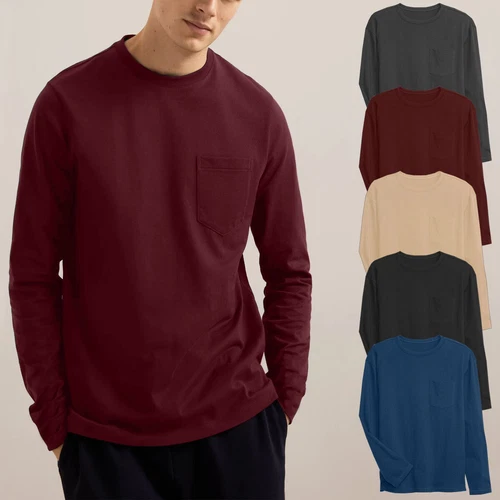 Mens Long Sleeve T-Shirt Plain Crew Round Neck Casual 100% Cotton Tee Tops S-3XL