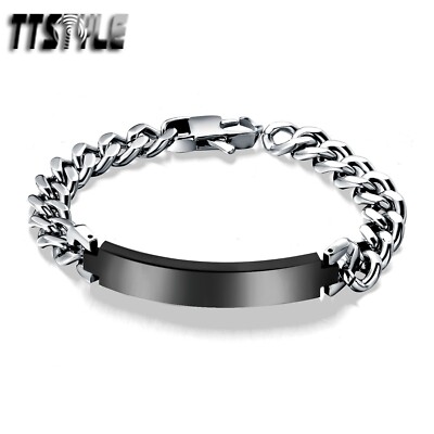 TTstyle 9mm Width Silver Stainless Steel Curb Chain Black ID Bracelet Engravable