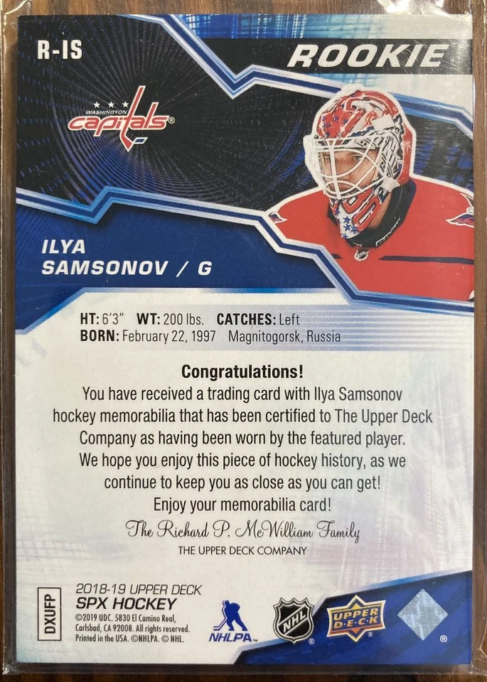 2018-19 SPx Rookies Materials #R-IS Ilya Samsonov RC - Image 2 of 2