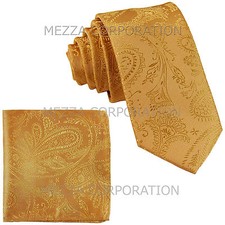 New Vesuvio Napoli Men's 2.5" skinny necktie hankie set paisley formal gold
