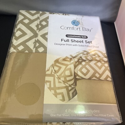 Comfort Bay -Full Sheet Set- Designer Print and Solid Fitted Sheet - Soft