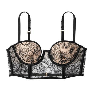 Victoria's Secret Luxe Lingerie Floral Embroid. Longline Bra 34DD *Black* NEW!