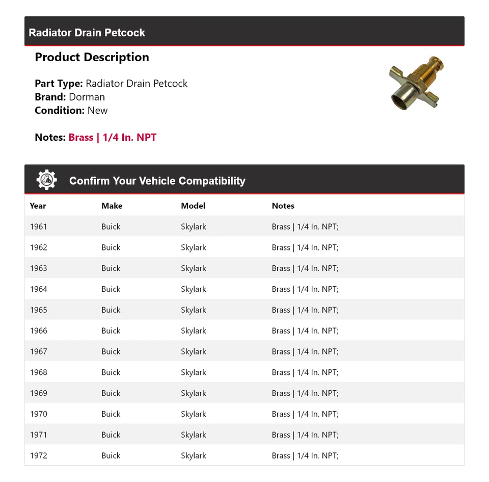 Para 1961-1972 Buick Skylark Dorman Radiador Drenaje Petcock 1962 1963 1964 1965 Foto 2 de 4