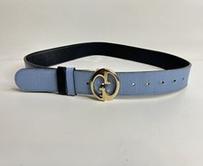 Gucci Belt GG Interlocking Reversible Blue Black Leather Gold Buckle