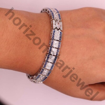 5 Ctw Diamond & Blue Sapphire 14K White Gold Plated Statement Link Bracelets 8 ''