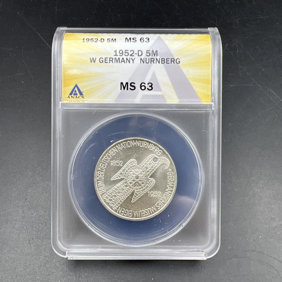 1952 D 5M West Germany Nurnberg 5 Five Marks Silver Coin ANACS MS63 - Image 3 of 4