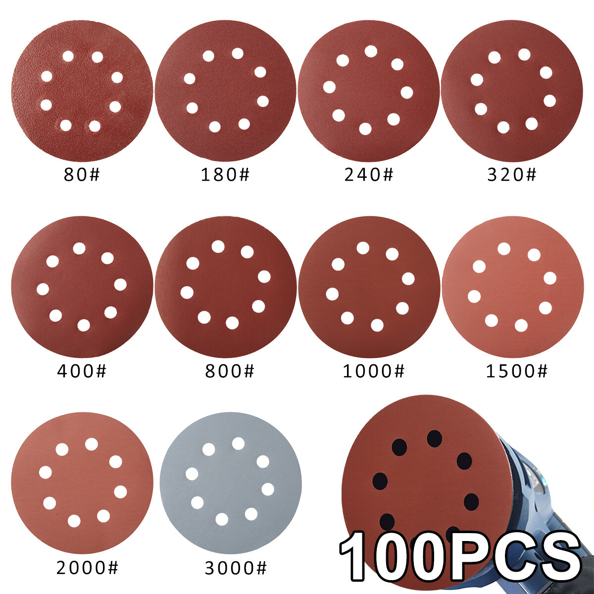 125mm 8 Holes Sanding Discs 80 180 240 320 400 800 1000 Grit Orbital