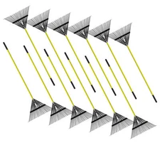 12PK Durable Black 24 Steel Tine Thatching Leaf Rake w/ Fiberglass Handle