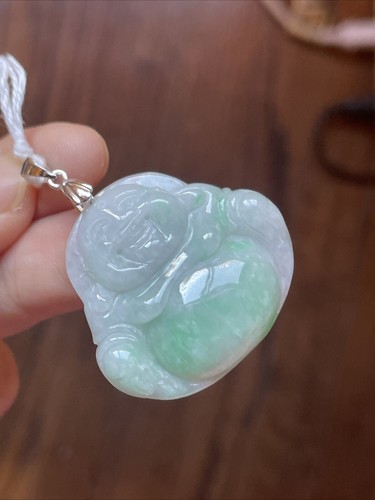 100% Natural Grade A Jadeite Jade 老坑冰飘阳绿佛公 純銀扣頭 S925 帶證 - Picture 5 of 12