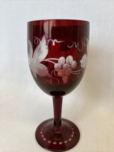 Vintage Engermann Bohemian Fine Crystal Cordial Glass Ruby Red Etched Grapes - Picture 2 of 13