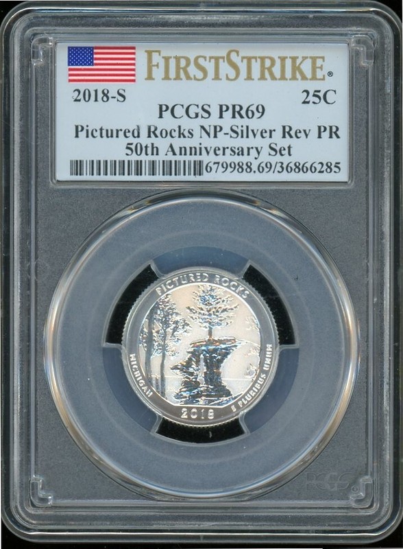 2018-S SILVER PICTURED ROCKS 50TH ANNIV REV PROOF PCGS PR69DCAM CERT#36866388