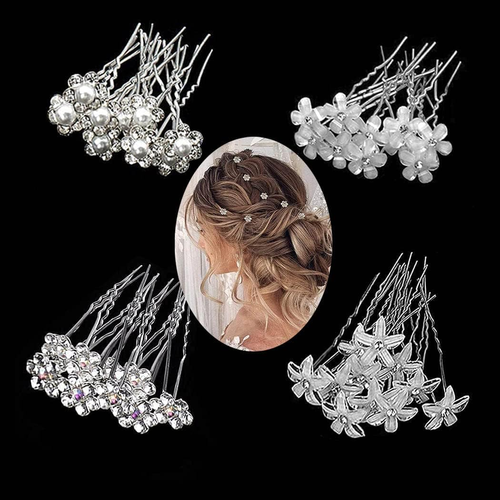 40Pcs Bridal Wedding Hair Pins, 4 Styles Crystal Pearl Flower Hair Barrettes U-