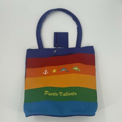 Puerto Vallarta Rainbow Stripe Tote Bag Beach Travel Souvenir Zip Top