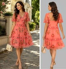 MONSOON DRESS SIZE 10 APRICOT MESH FABRIC EMBROIDERED SEQUINED KNEE LENGTH #5