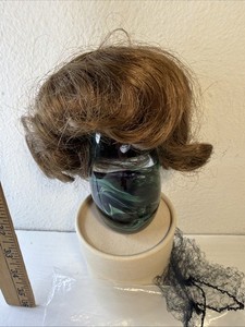 Doll Wig Synthetic New Old Stock Mohair  10 11 Medium Brown Curls Bangs
