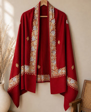 Kashmiri Tilla Embroidered Wool Shawl for Women Red Wrap Scarf Made in India