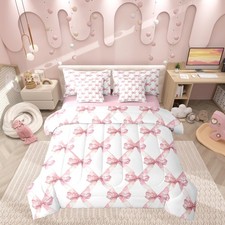 Pink Bowknot Comforter Set Queen Size,Dreamy Princess Style Bedding Set,Bow G...