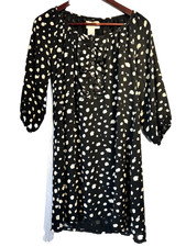 Francesca’s Black White Polka Dot Dress 3/4 Sleeve Ruffle Front Boho Size M
