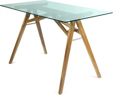 Camila Mid-Century Tempered Glass Desk with Acacia Wood Frame, Dusk Grey / Natur