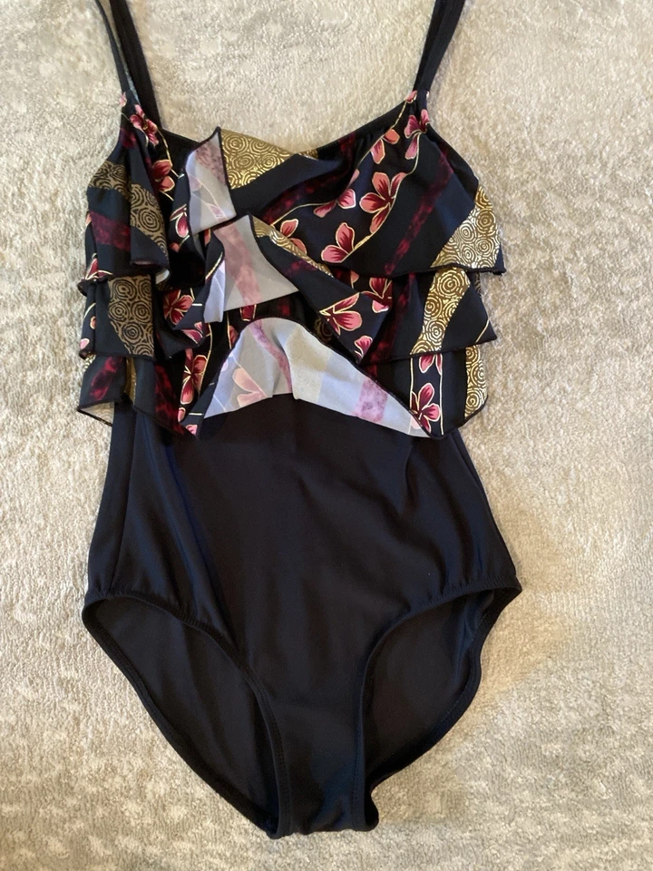 Traje de baño Ceeb vintage para mujer talla 14 negro rosa dorado con volantes de una pieza años 1950-60 Foto 4 de 4