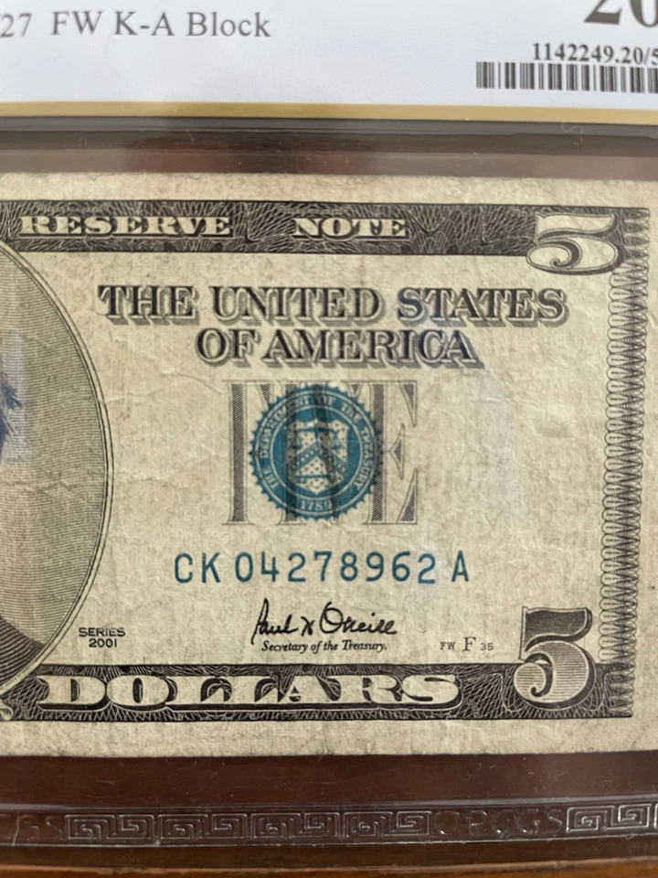 Rare $ 5 2001 US Note - Turquoise Overprint Discolored Error - PCGS VF 20 - Image 3 of 3