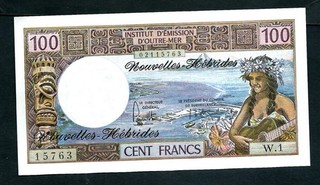 New Hebrides (P18c) 100 Francs 1975 UNC
