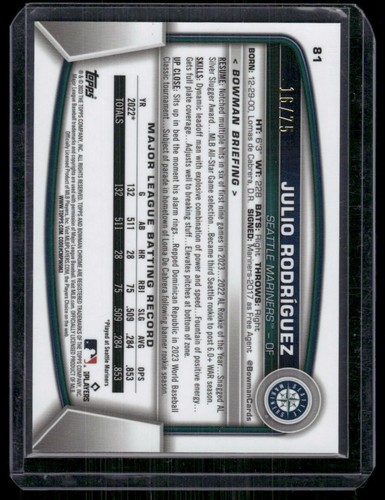 2023 Bowman Chrome #81 Julio Rodríguez Gold Refractor #/50 - Picture 2 of 2