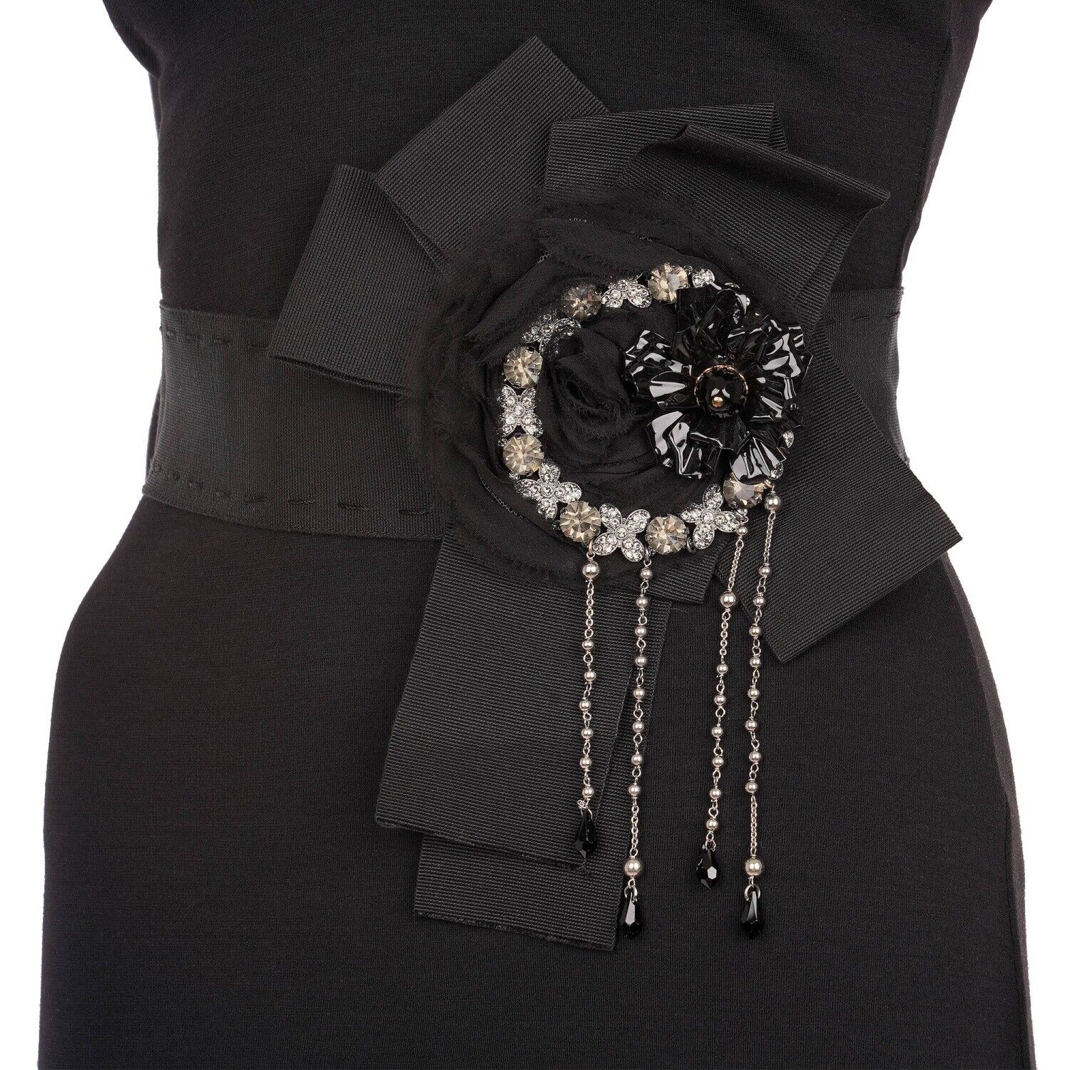 DOLCE & GABBANA Crystal Pearl Flower Chain Belt for Dress Black 40 S 09316