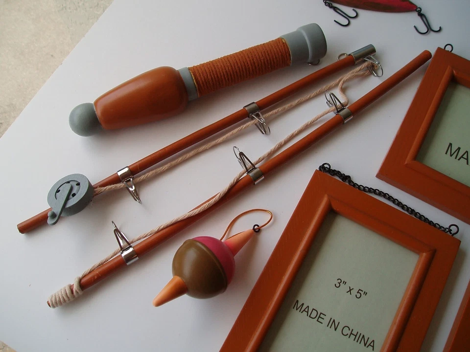 Decoración náutica caña de pescar colgante de pared con 3 marcos de fotos de madera Foto 3 de 4