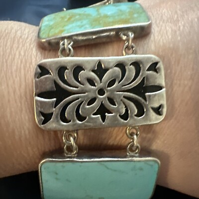925 ARTISAN CRAFTED WIDE REVERSIBLE TURQUOISE ONYX PANEL  FLOWER TOGGLE BRACELET