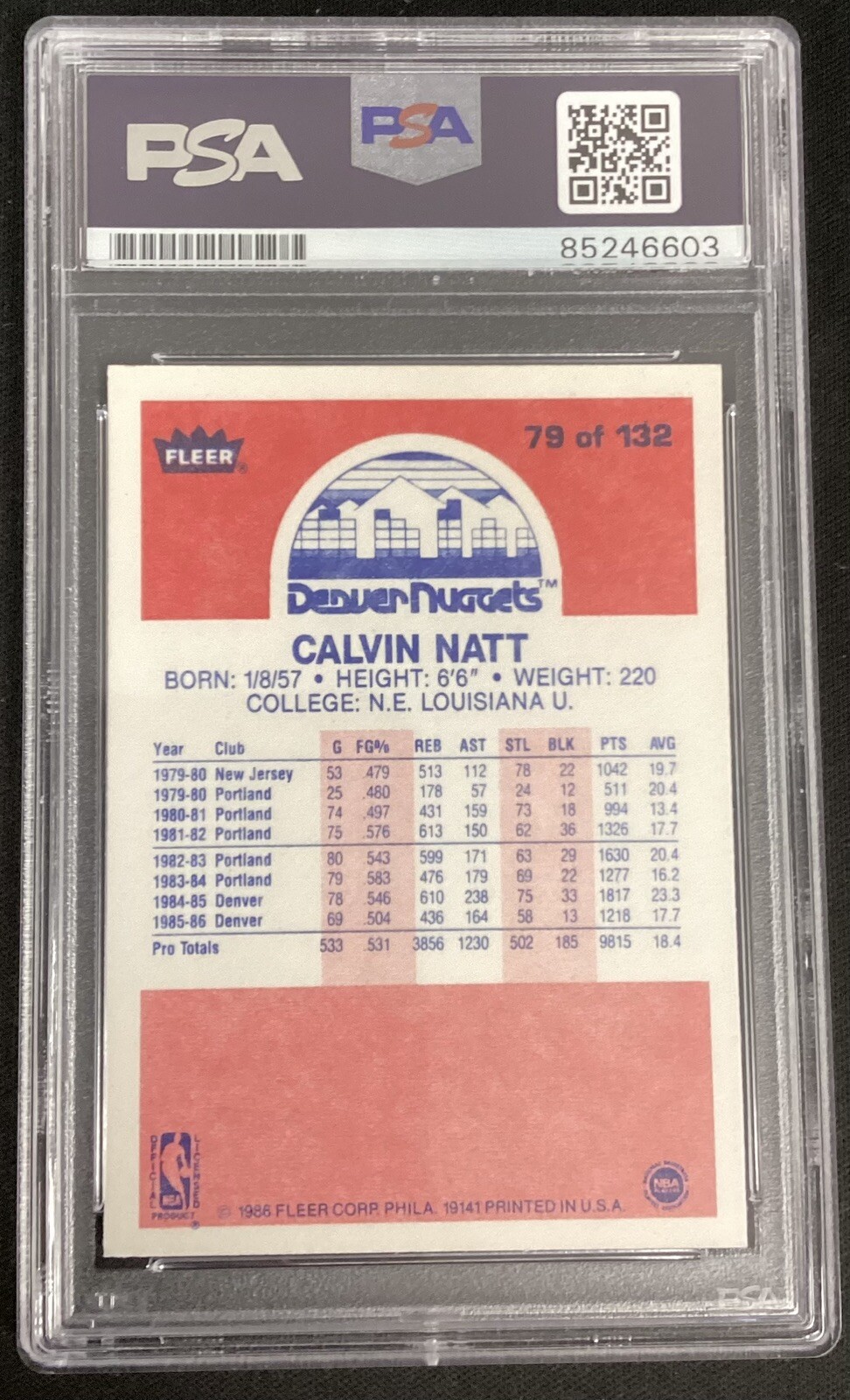 Calvin Natt Signed 1986 Fleer #79 Basketball Card Nuggets Autograph PSA/DNA view 2