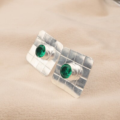 Emerald Gemstone Jewelry 925 Silver Handmade Earrings 1'' For Anniversary Gifts