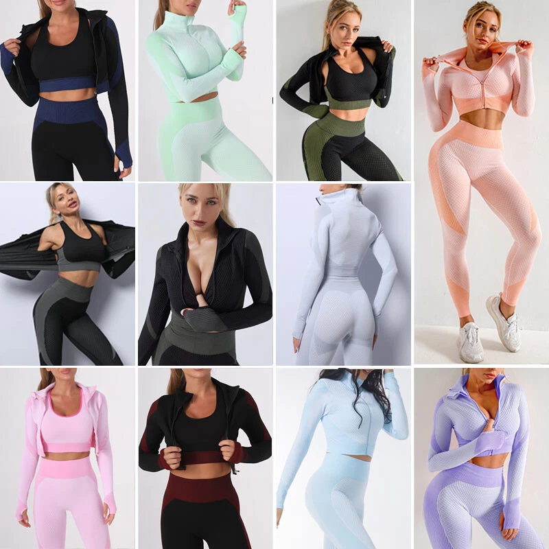 Women's Workout Sets 3 Piece Seamless Textured Running Clothes Yoga  Sportswear