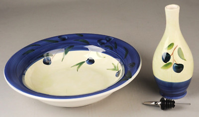 CRATE AND BARREL 13'' BLUE OLIVE PASTA BOWL and OIL JAR w/spout  **NWT** Italy