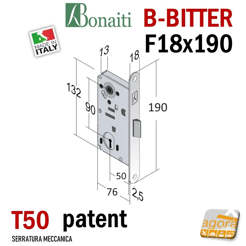 SERRATURA PORTA BONAITI BITTER A80 T50 PATENT FRONTALE 18x190mm ARGENTO E50 I90 - Immagine 2 di 4