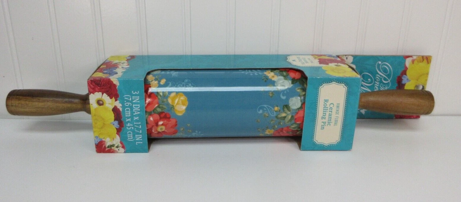 Pioneer Woman Vintage Floral Ceramic Rolling Pin with Acacia Wood Handles New