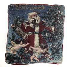 Olde World Santa Merry Christmas Tapestry Holiday Throw Pillow Xmas Red Blue