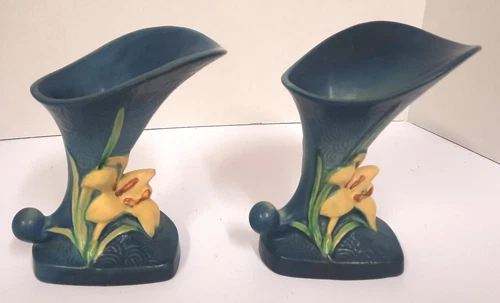 Roseville Pottery Zephyr Lily Sienna Blue Green Cornucopia Vase 203-6" Pair