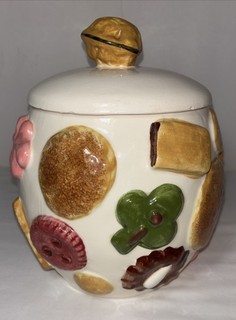 1950’s Cookies All Over Los Angeles Pottery Cookie Jar Walnut Lid