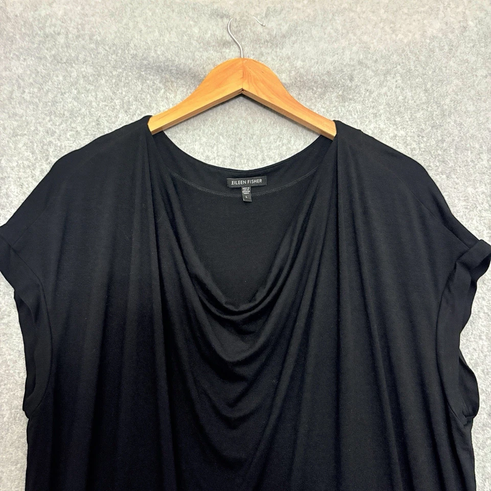 Eileen Fisher Dress L Knit Cowl Black Oversized Knee Length Minimalist Casual - Image 3 of 4