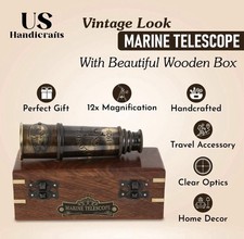 1920 Marine Telescope - Vintage Brass Spyglass with Wooden Box 15 Antique