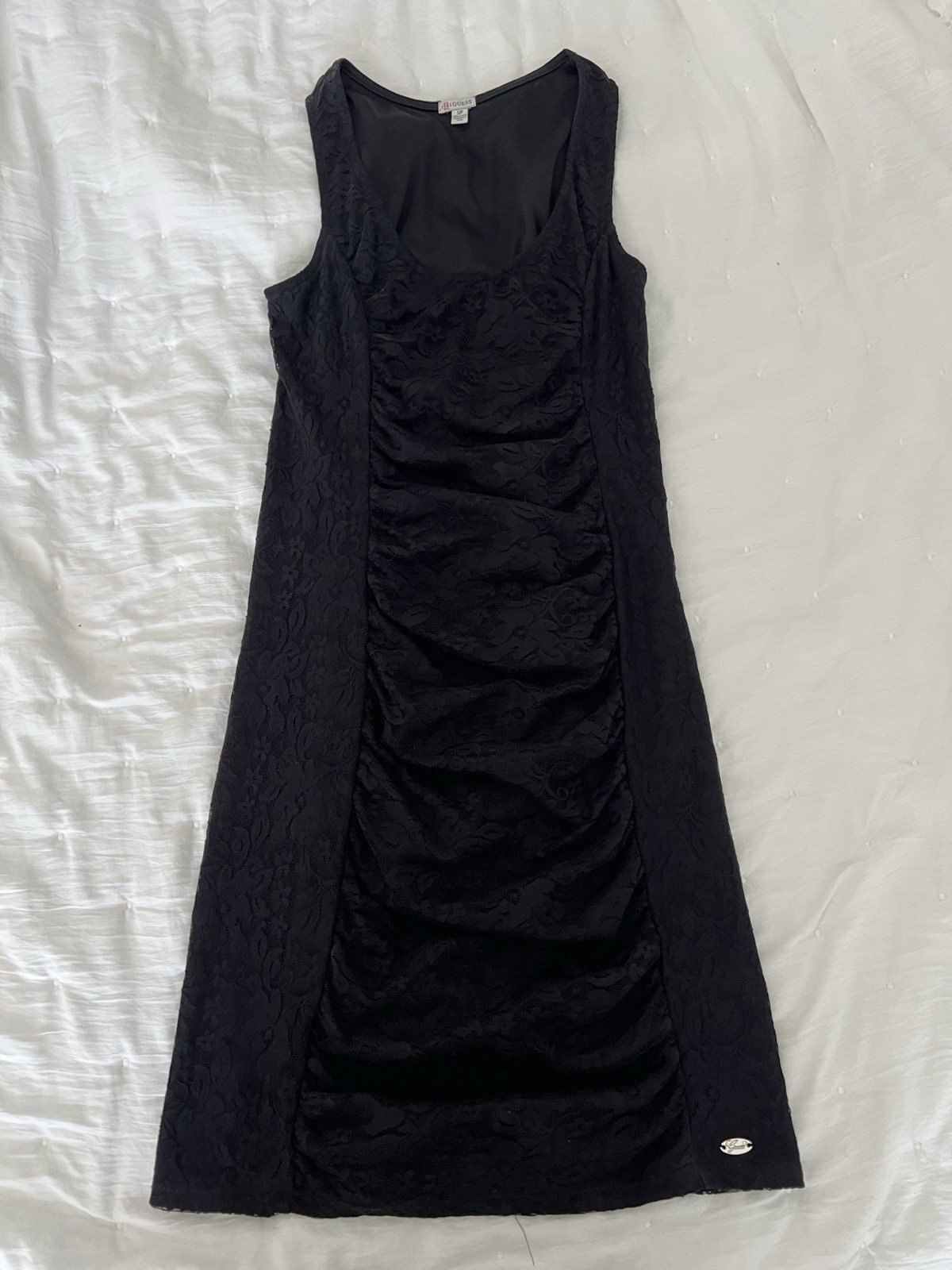 GUESS Black Lace Ruched Sleeveless Sheath Dress Knee Length Regular S/P