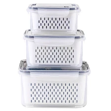 3Pack Food Storage Containers with Lids, Strainer, Fresh Produce Saver, BPA-Free