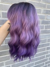 Perücke bob Lila Mittellang Pony Mehrfarbig Ombre Cosplay Damen gelockt wellig